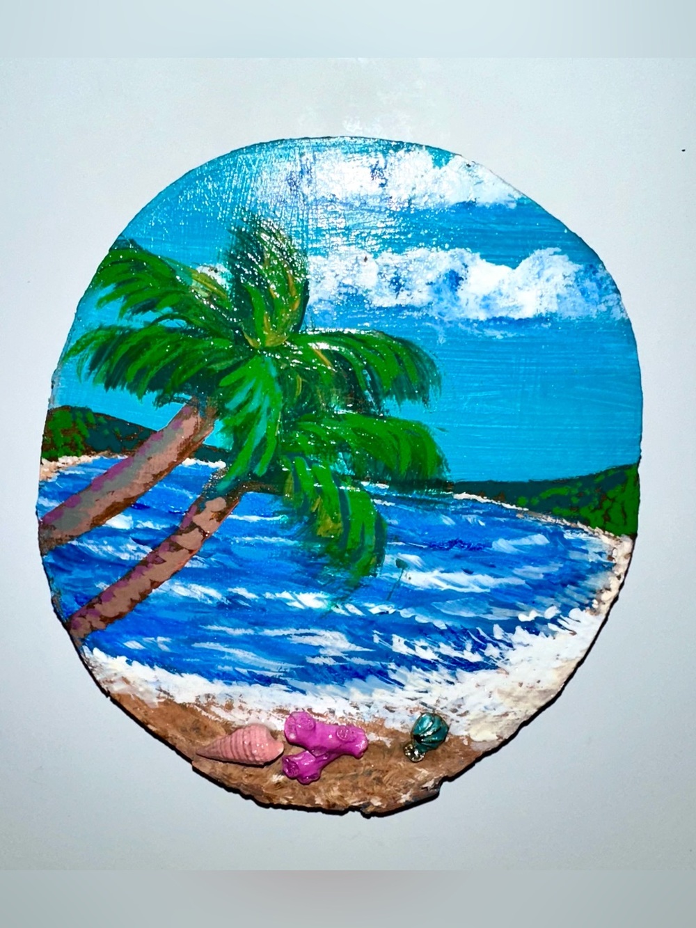 Hand Painted Tropical Beach Wood Slice Magnet Coastal Art Decor